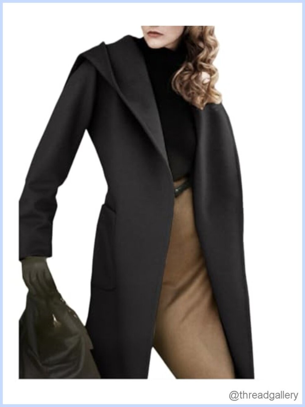 Wool Blend Long Sleeve Hooded Open Front Belted Trench Coat